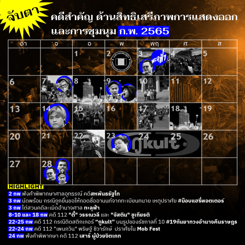 TLHR2014's tweet photo. ศูนย์ทนายฯ ได้รวบรวมนัดหมายการพิจารณาคดี #มาตรา112 และ คดีจากการแสดงความคิดเห็นและการชุมนุมที่จะเกิดขึ้นใน ก.พ. 65
.
📌2 ฟังคำพิพากษาศาลอุทธรณ์ คดีสหพันธรัฐ
📌7 ตรวจพยานหลักฐาน #มาตรา112 #ม็อบ29พฤศจิกา
📌22-24 สืบพยานคดี #มาตรา112 #Mobfest
.
นัดอื่นๆ https://t.co/Z694fRKOYr https://t.co/j6L7Ad1yGa