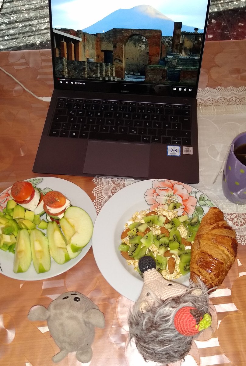 Good morning you all! 🥱🍵🦔🤗 We are now in Pompei but there is an orange wind warning, so we stay in ☺️ and watch some more documentaries to prepare better for the visit of Pompeii. Notice the double i at the end. 🤣 Pompei = the modern city, Pompeii = the ancient city. 😁