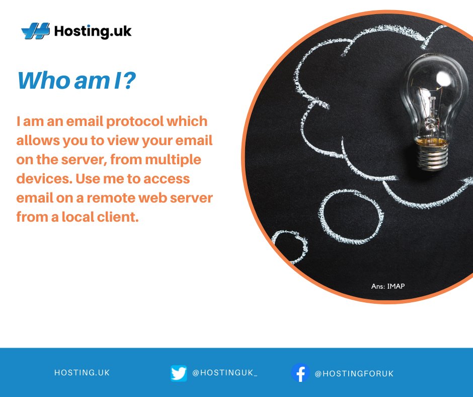 HostingUK_'s tweet photo. Who am I? 
"I am an email protocol. I allow you to view your email that’s on the server, from multiple devices. I am used for accessing email on a remote web server from a local client. Who am I?"

Tell us in the comments 👇

Answer: IMAP     
#Email #emailprotocol https://t.co/fz6hxZYAoR