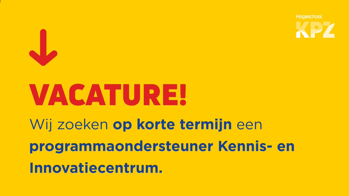 Hogeschool KPZ zoekt op korte termijn een Programmaondersteuner voor het Kennis- en Innovatiecentrum. Bekijk de vacature via kpz.nl/vacatures/prog…
#werkenbijkpz #programmaondersteuner #vacature