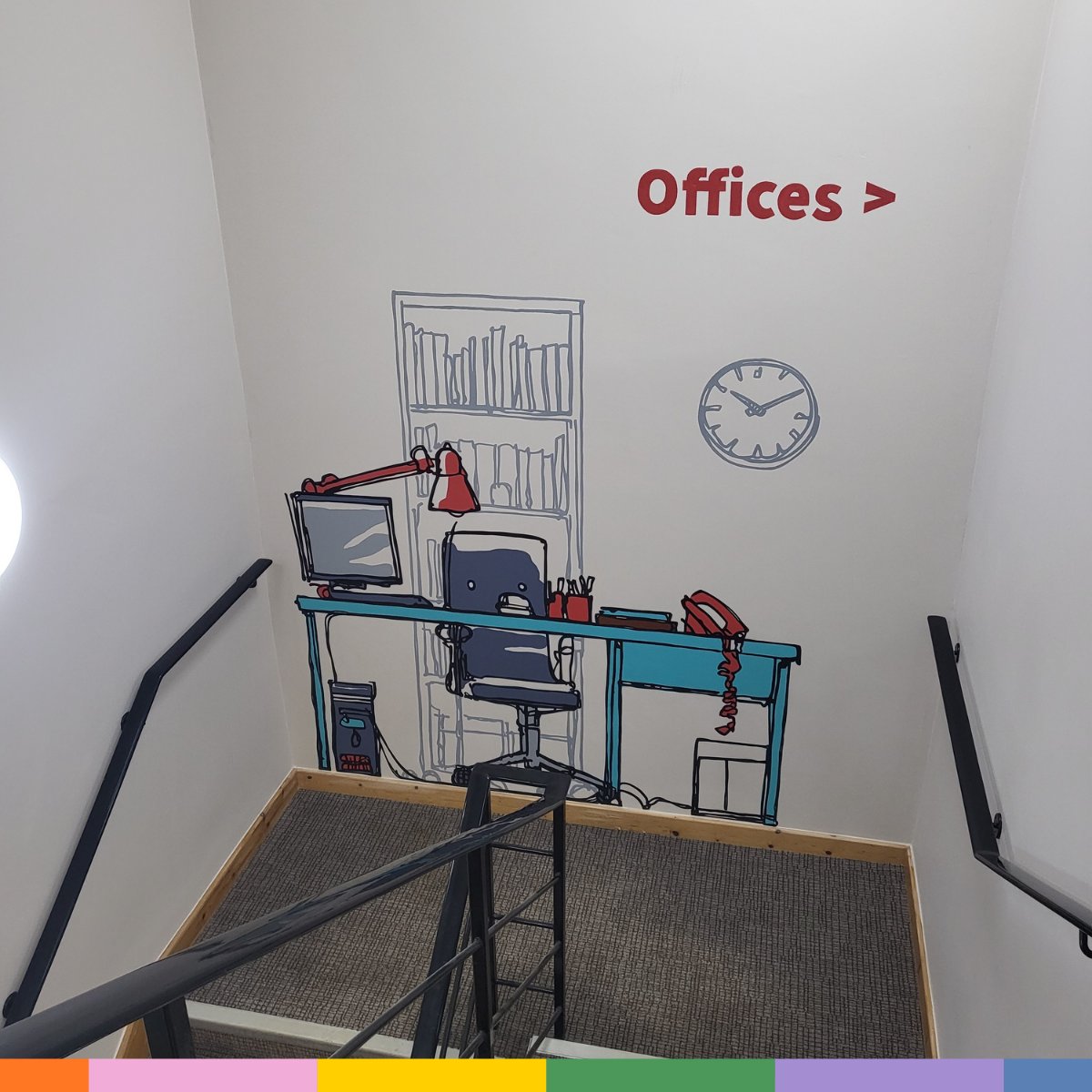 These murals are so gorgeous, you might be tempted to stop and stare. 😉

The red and blue adds a touch of colour, providing lovely break from the muted carpet and stairs as you go up a floor!

#CatalystInteriors #InteriorDesignSpecialists