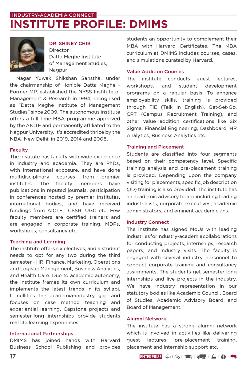 viasocialngp's tweet photo. In the Industry-Academia Connect chapter of ENTERPRISE magazine,🗞 DR. Shiney Chib, the Director of Datta Meghe Institute of Management Studies, Nagpur talks about this institute.
You can learn more about such topics by clicking the link: https://t.co/c4Wd1wBK8n.
#Nagpur #DMIMS https://t.co/2tkOdF7yRE