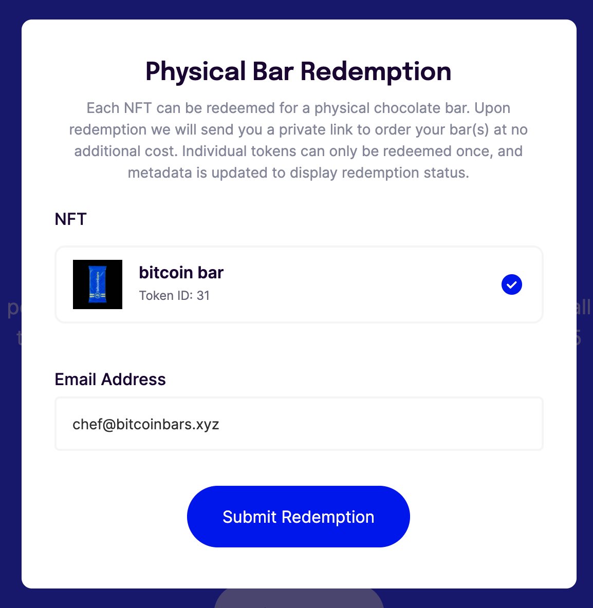 👀 coming soon

we're going to start letting collectors redeem their physical bars early. 

this won't count towards the 1-bar-per-NFT limit, so early buyers will get extra 🍫

bitcoinbars.xyz minting now