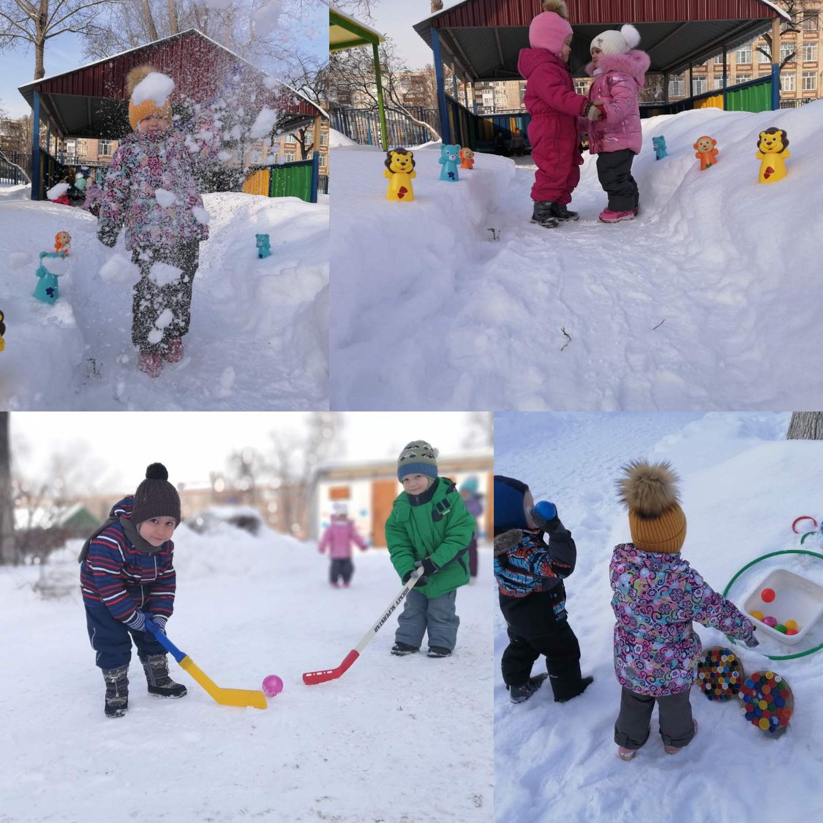 Ежегодно родители строят целый снежный городок.Зимнее убранство поднимает настроение, позволяет вдоволь насладиться снежными забавами.Дети с удовольствием обыгрывают  постройки,которые не только вносят разнообразие в детские игры,но и стимулируют двигательную активность малышей.