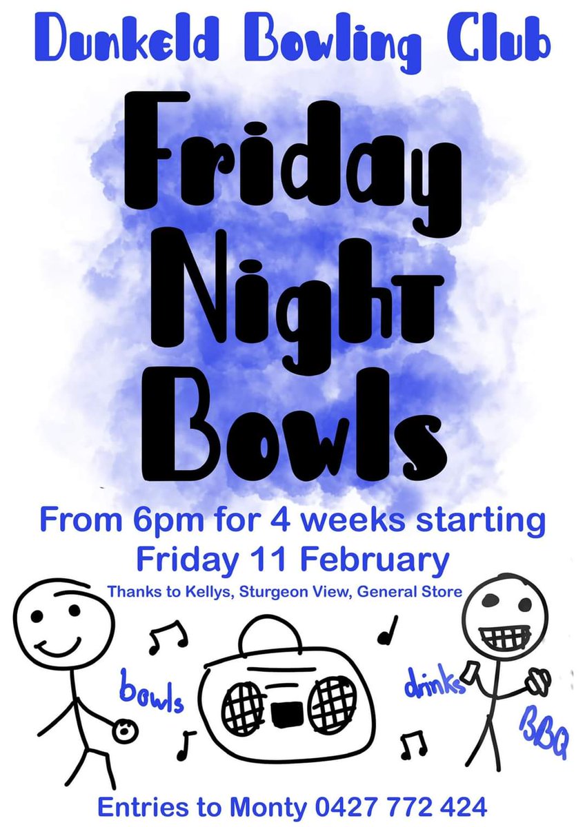 Reminder that Friday Night Bowls starts on 11 Feb and runs for 4 weeks. Get down to the <a href="/dunkeld_bowls/">Dunkeld Bowls Club</a> and get amongst the fun!!