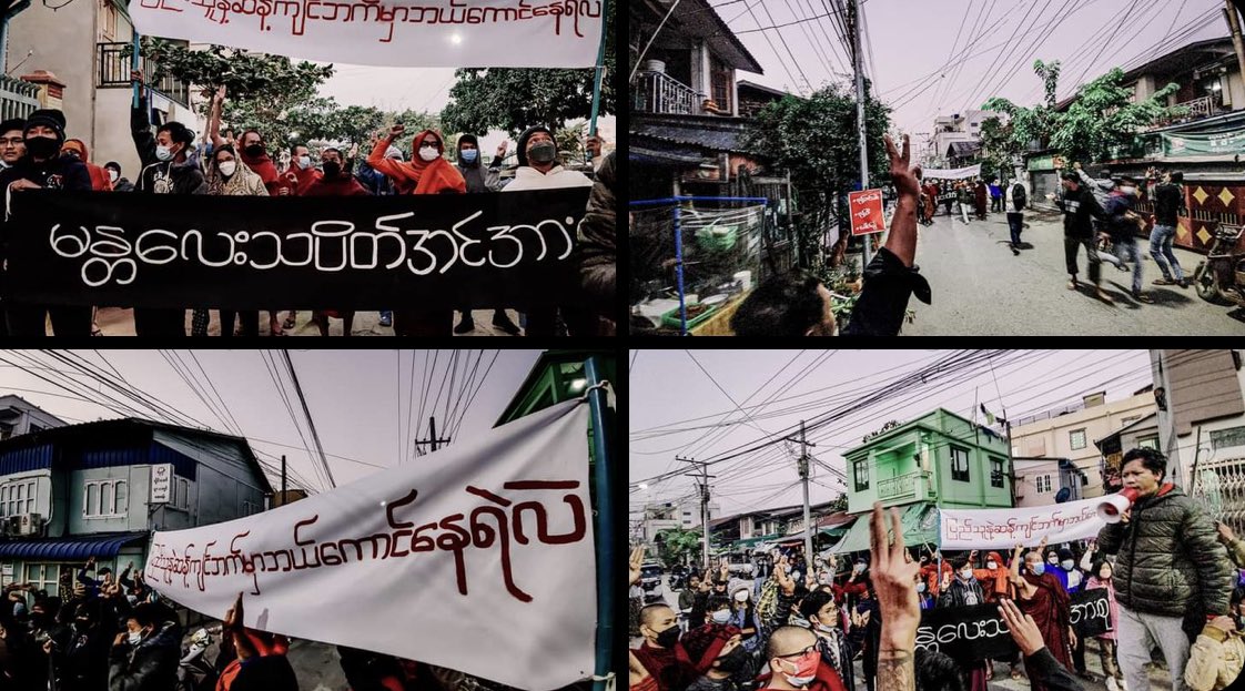 Mandalay’s Revolutionary Alliance Strike marched and chanted revolutionary slogans to overthrow the military dictatorship and to overturn the age of fear.  #SilentStrike #RedCampaign_1YearOfRevolution #2022Feb1Coup #WhatsHappeningInMyanmar