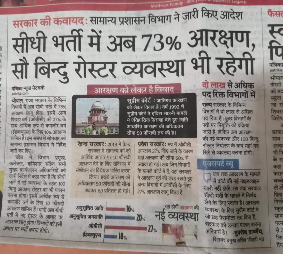 Deepak_Pandey11's tweet photo. MPमें यदि कोई100पोस्ट की भर्ती निकलती हैं तो उसमें अनारक्षित वर्ग को मात्र20सीट मिलेगी उसमें भी देश के किसी भी कोने से युवा आ सकते हैं।दूसरी बात यदि STSCOBC मेरिट में आता हैं तो वी भी आरक्षित सीट छोड़ के आपके सीट में सलेक्ट होगा।कुल मिलाकर सामान्य वर्ग को भाजपा का झंडा बैनर ही है https://t.co/rSSYmEnXaL