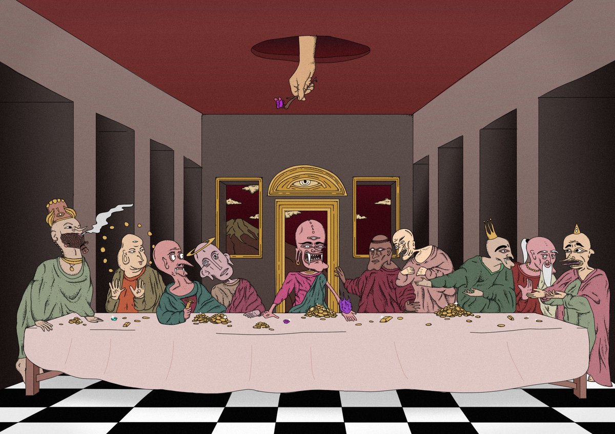 💥FRESH DROP💥
"Last Supper Of Amon Universe"
~
available on 
<a href="/hicetnunc2000/">h</a> 
 ~
0.5tez
/50 eds
~
hicetnunc.art/objkt/655152

#NFT #NFTs #NFTcollector #hicetnunc  #tezosNFT #XTZ #CleanNFT #nft #doodle #tezos 
<a href="/NFTindonesia_/">NFTindonesia</a>