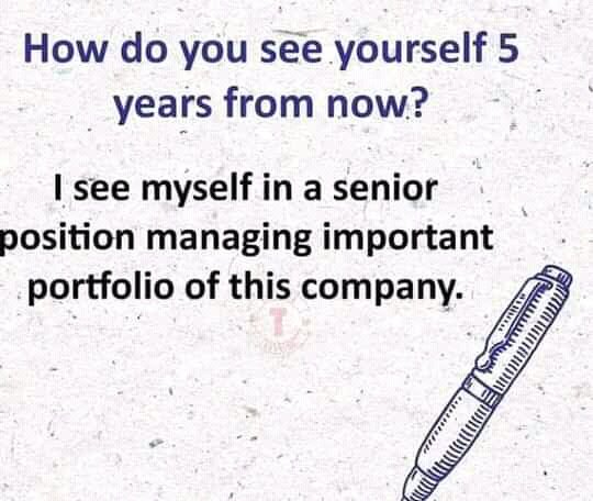 tohire_ng's tweet image. Interview Questions &amp;amp; Answers

#InterviewTips #GetHiredFast

1. What is your strength?
2. What is your weakness?
3. How do you see yourself 5 years from now?
4. Describe your dream job?