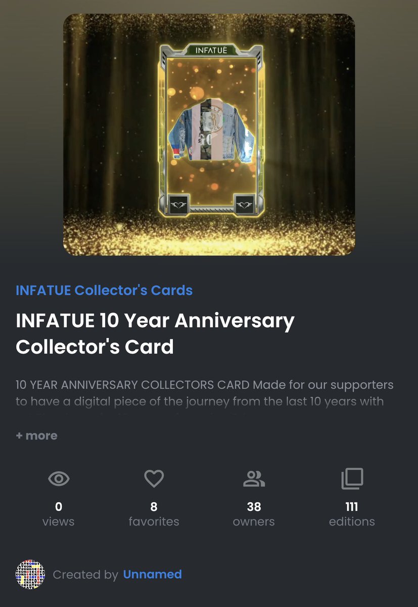 sickoffame's tweet photo. Got my 10 year @Infatue
anniversary #NFT collectors card
Thank you @LilFreshSam ! Happy to be apart of this journey! Only 111 made! https://t.co/tFBQg1EXVp