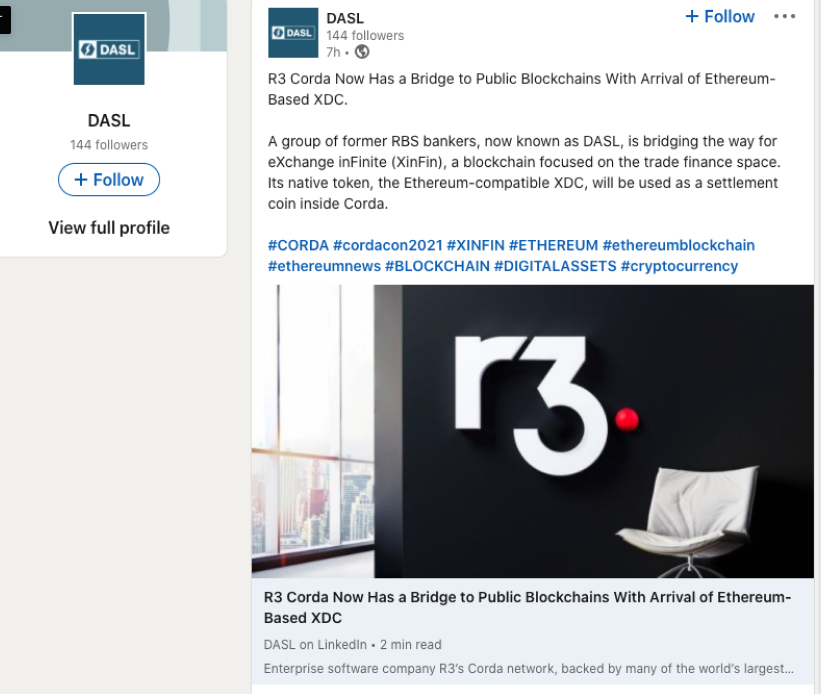 UtilityTheory's tweet photo. Great find KJ! This is a good watch for technical researchers into $XDC
R3 Doesn't list Xinfin on their site because it's a hidden partnership through their network
How they connect togetherπ
R3 + Corda < LAB577 (Richard Cook) < DASL Bridge < #XDC Network
--Partner Thread-- https://t.co/S8E3nWLBS5