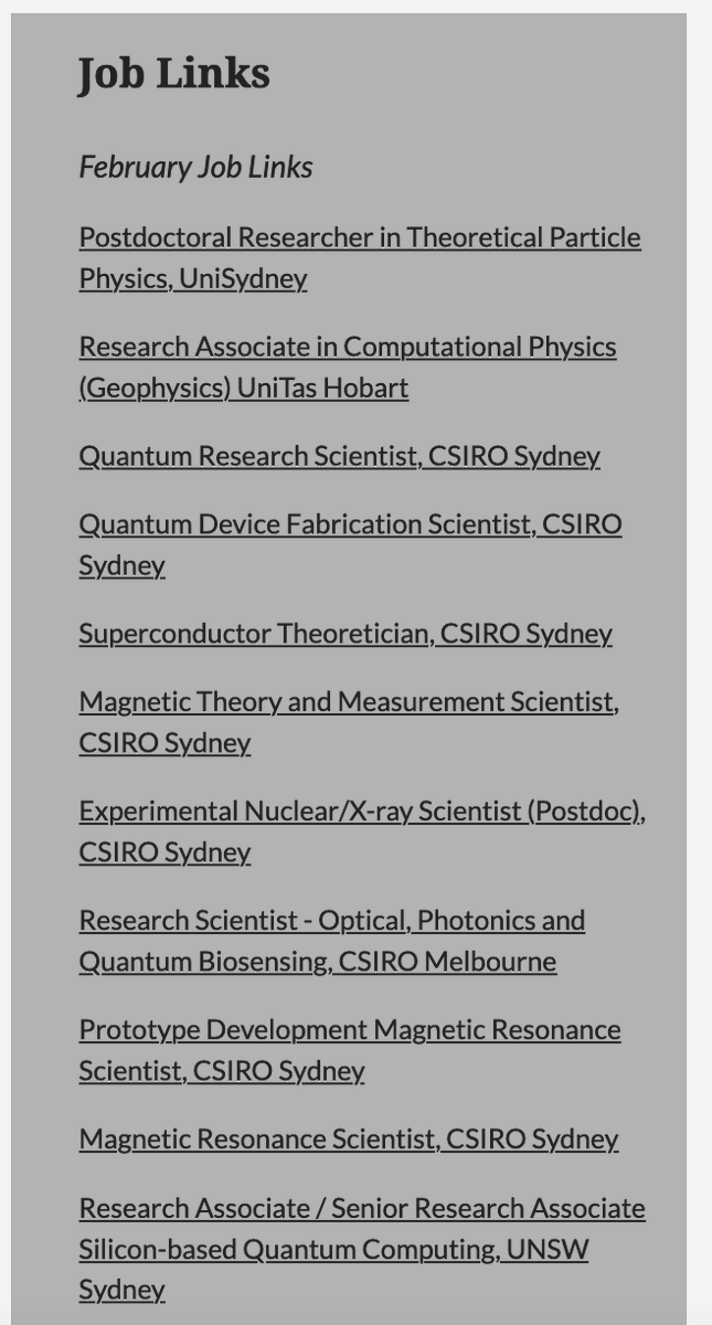JodieBradby's tweet photo. Looking for a #PhysicsJob in Australia? @ausphysics is here to help! Featured jobs appear regularly (only costs $100 to advertise - bargain!) plus a list of 'Job Links' is put together around the start of each month. Here is a screen shot for Feb jobs:
https://t.co/vTLAsygzJM https://t.co/fGpU2dsfA8