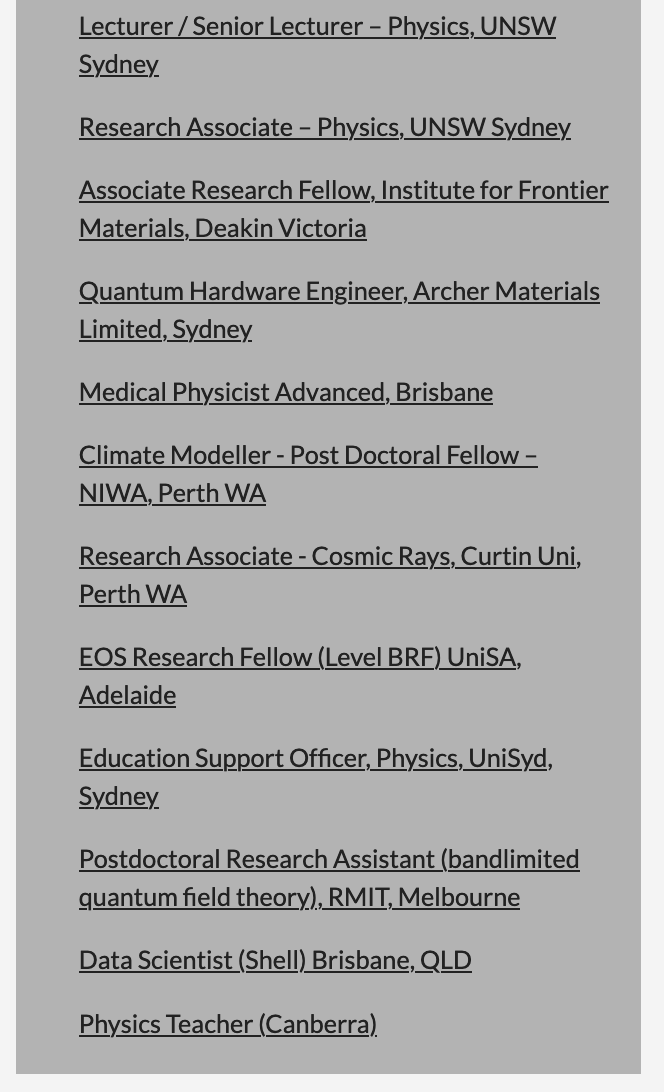 JodieBradby's tweet photo. Looking for a #PhysicsJob in Australia? @ausphysics is here to help! Featured jobs appear regularly (only costs $100 to advertise - bargain!) plus a list of 'Job Links' is put together around the start of each month. Here is a screen shot for Feb jobs:
https://t.co/vTLAsygzJM https://t.co/fGpU2dsfA8