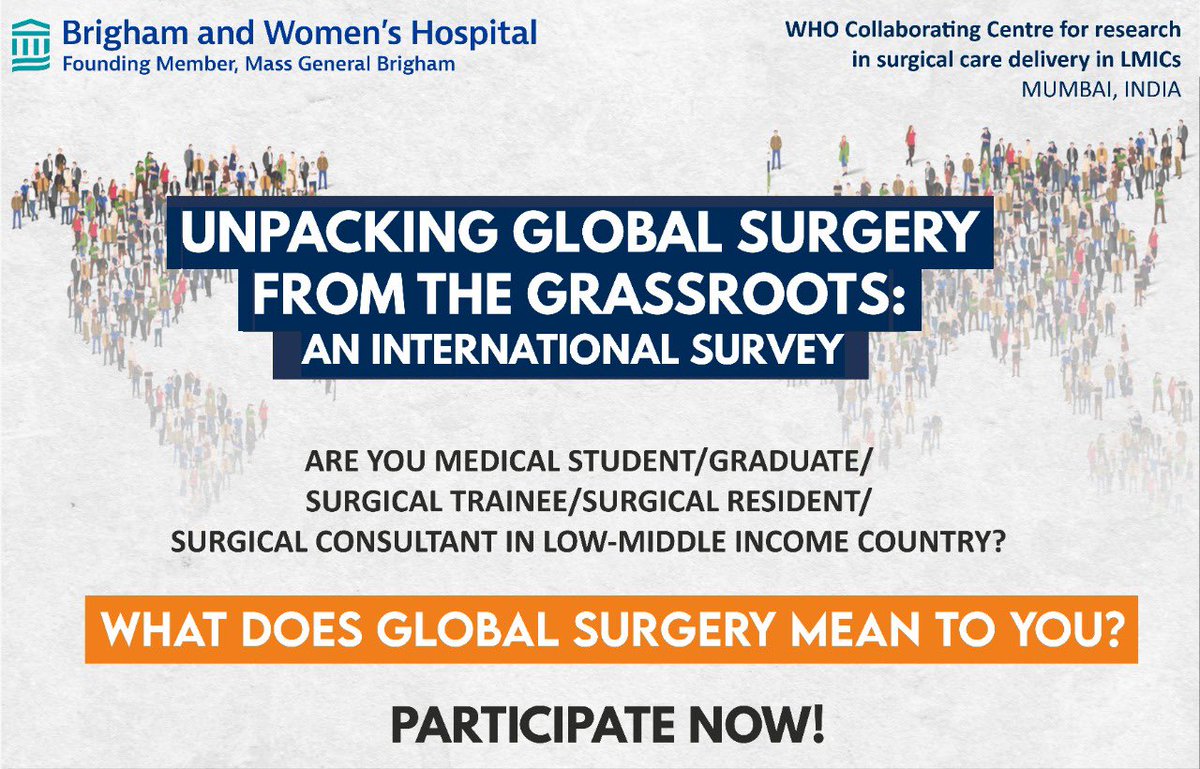 The term #GlobalSurgery remains interpreted in a variety of ways worldwide. 

What does it mean to you? 🌍 

If you are a #MedStudent, #trainee, #resident, #fellow or #consultant in an #LMIC

▶️ Participate in our survey today: bit.ly/gsurg
