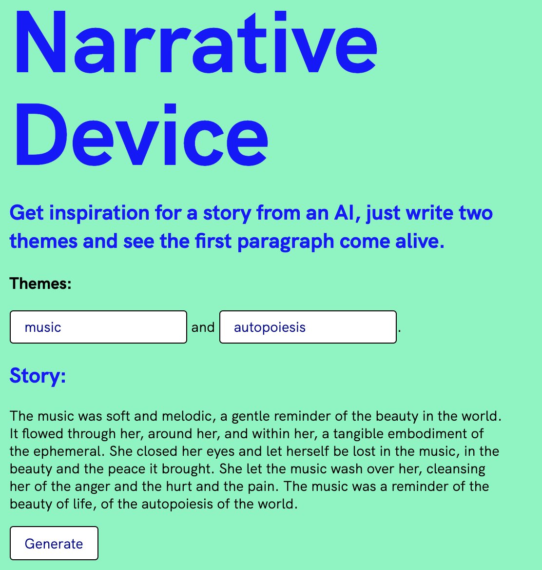 _RodolfoOcampo's tweet image. Dear English-speaking friends,

As part of my PhD, I&apos;m researching human-AI creative interaction. I created a little tool where you can write two themes and see the beginning of a story come alive. 

You can try it here:

narrative-device.herokuapp.com

 (1/2)