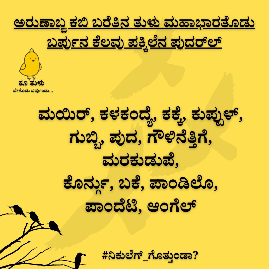 ಅರುಣಾಬ್ಜ ಕಬಿ ಬರೆತಿನ ತುಳು ಮಹಾಭಾರತೊಡು ಬರ್ಪುನ ಕೆಲವು ಪಕ್ಕಿಲೆನ ಪುದರ್‌ಲ್

#ನಿಕುಲೆಗ್_ಗೊತ್ತುಂಡಾ?
#KooInTulu