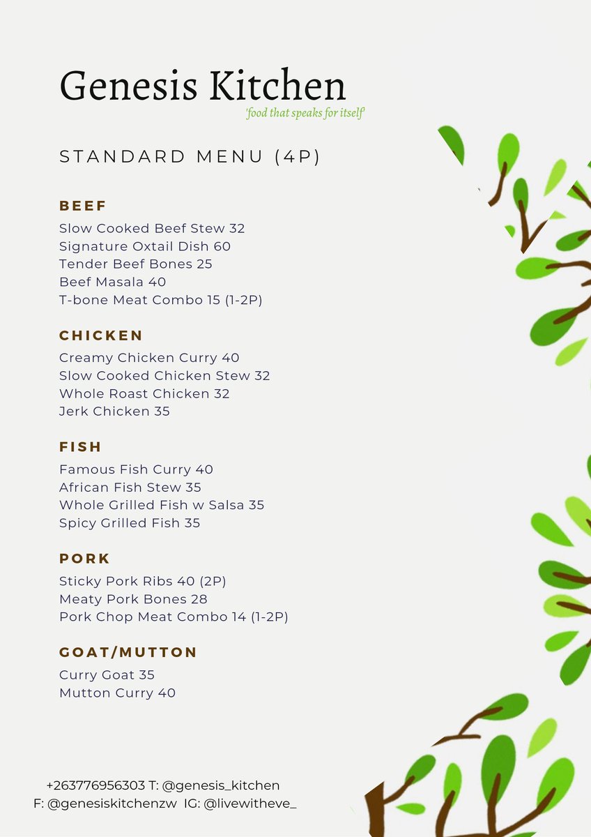 genesis_kitchen's tweet photo. Hello friends! Here is our revised menu🤩 We've added some delicious dishes &amp; of course kept the most popular ones 😋 Order in advance via link in bio. Delivery or collection in Harare. International orders welcome. Events catering available 💚 https://t.co/6lKppvGB46