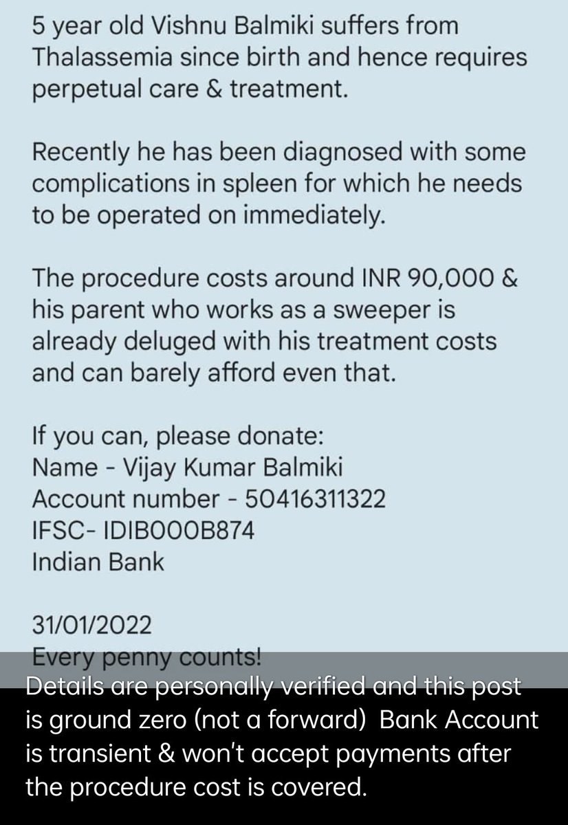 its_rns's tweet photo. 5 year old Vishnu Balmiki suffers from Thalassemia since birth and hence requires perpetual care &amp; treatment.. (more details in attachment)

Trying to raise INR 90,000 urgently, please help if you can.

Name: Vijay Kumar Balmiki
Account number - 50416311322
IFSC- IDIB000B874 https://t.co/nq0rgfMXcK