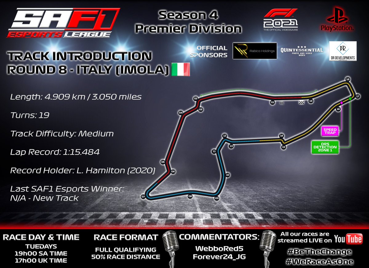 SAF1Esports's tweet photo. 🚥 IT'S RACE DAY 🚥 Season 4, Round 8 and we go racing at Imola for the first time ever in SAF1 Esports League Racing.

Also attached is the championship Standings after Round 7.

Tune in tonight at 17h00 UK time with @WebboRed5 bringing you all the action. LIVE!!! https://t.co/lugi3tJC4X