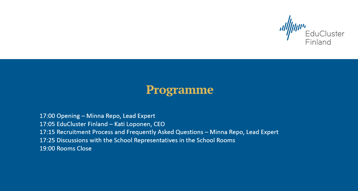 Get first-hand information about our open positions, the schools, and life abroad, at ‘ECF Recruitment Info’, a virtual fair tomorrow. Register at  educlusterfinland.fi/events/ See you! 
#DiamondStandard #ECFapproach #climbyourmountain #TakeoffwithECF #recruitment #newcareerpaths