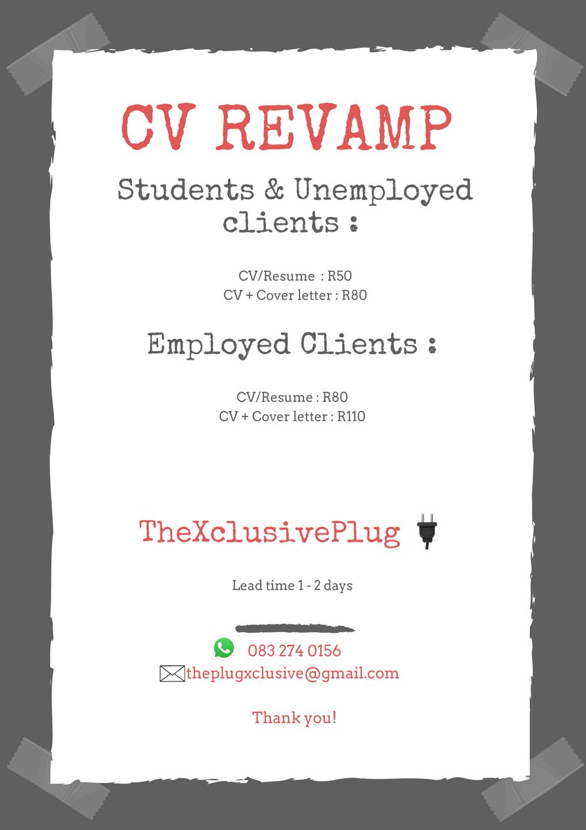 UnapologeticPR's tweet photo. TheXclusiveplug transforming the way employers look at you. 😅💯

ATS friendly CVs. DM @UnapologeticPR or WhatsApp 083 274 0156 
#JobSeekersSA #jointheculture https://t.co/tIUZ8XUbft