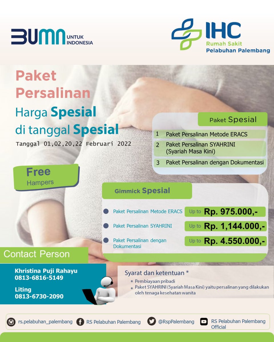 RspPalembang's tweet photo. Halo sobat RS Pelabuhan Palembang.
Di bulan februari ini RS Pelabuhan Palembang mengadakan promo promo spesial untuk memenuhi kebutuhan rencana persalinan anda.
Tentukan tanggal menarik untuk persalinan anda dengan berbagai paket yang dimiliki oleh RS Pelabuhan Palembang. https://t.co/tG3gA4sO4P