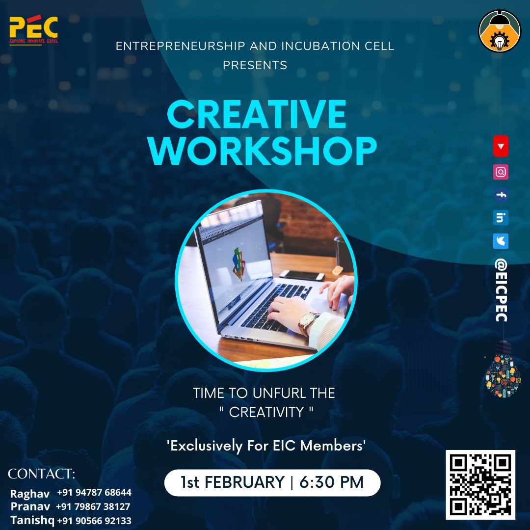 eic_pec's tweet photo. Time to unfurl the creative you as EIC announces "Creative workshop"!! 

Get started with canva, photoshop, premiere pro and much more.🤩

Register now!!

Link~ https://t.co/os6ZkhnCR4

Date~ 1st February, 2022
Time~ 6:30 PM

*PS - Exclusive for EIC Members*✌🏻✌🏻 https://t.co/DsOk1LhgWl