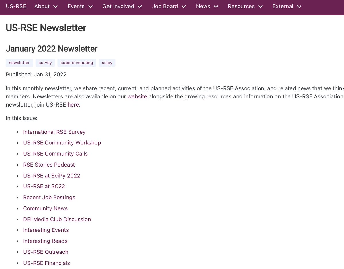 Sandra Gesing (@sandragesing) on Twitter photo Our <a href="/us_rse/">US-RSE | @us_rse@fosstodon</a> newsletter is out! Read about the #RSEng international survey, events, job board, our successful fundraiser and more! We plan for monthly newsletters from now on.
us-rse.org/2022-01-31-new… Our <a href="/us_rse/">US-RSE | @us_rse@fosstodon</a> newsletter is out! Read about the #RSEng international survey, events, job board, our successful fundraiser and more! We plan for monthly newsletters from now on.
us-rse.org/2022-01-31-new…