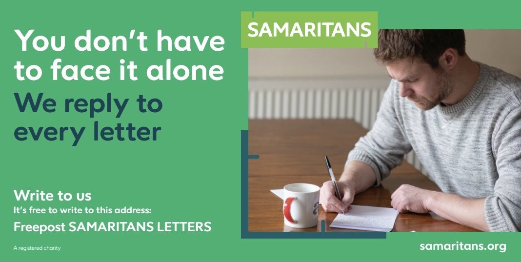 ISWLSAMS's tweet photo. Did you know that phone and email arenโt the only ways that you can get in touch with us?
We also have a address that you can write to us at:
๐ข Freepost SAMARITANS LETTERS
#WriteToUs @LettersSams โ๏ธ
@samaritans ๐ https://t.co/QIGBpUcEKs