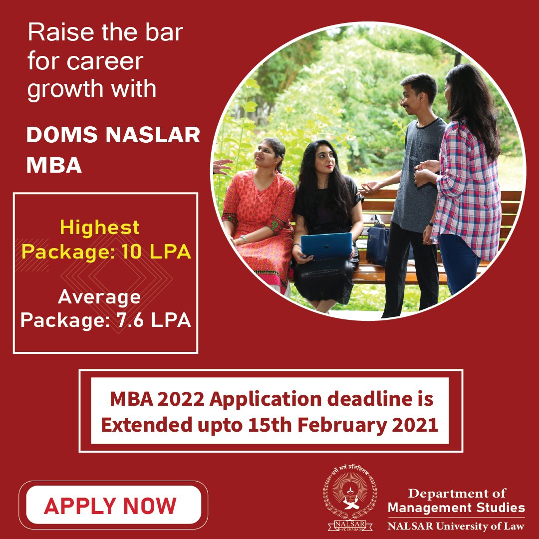 vidyavision_com's tweet photo. Last Date is Extended Up to 15th February 2022 for the DoMS #NALSAR University #MBA 2022 Program. 100% Placements. Highest Package: 10 LPA
Apply Now @ https://t.co/yFEhPbZdtF
#NALSARMBA #MBAadmissions #DOMSNALSARUniversity #Vidyavision https://t.co/LRymCpAOy9
