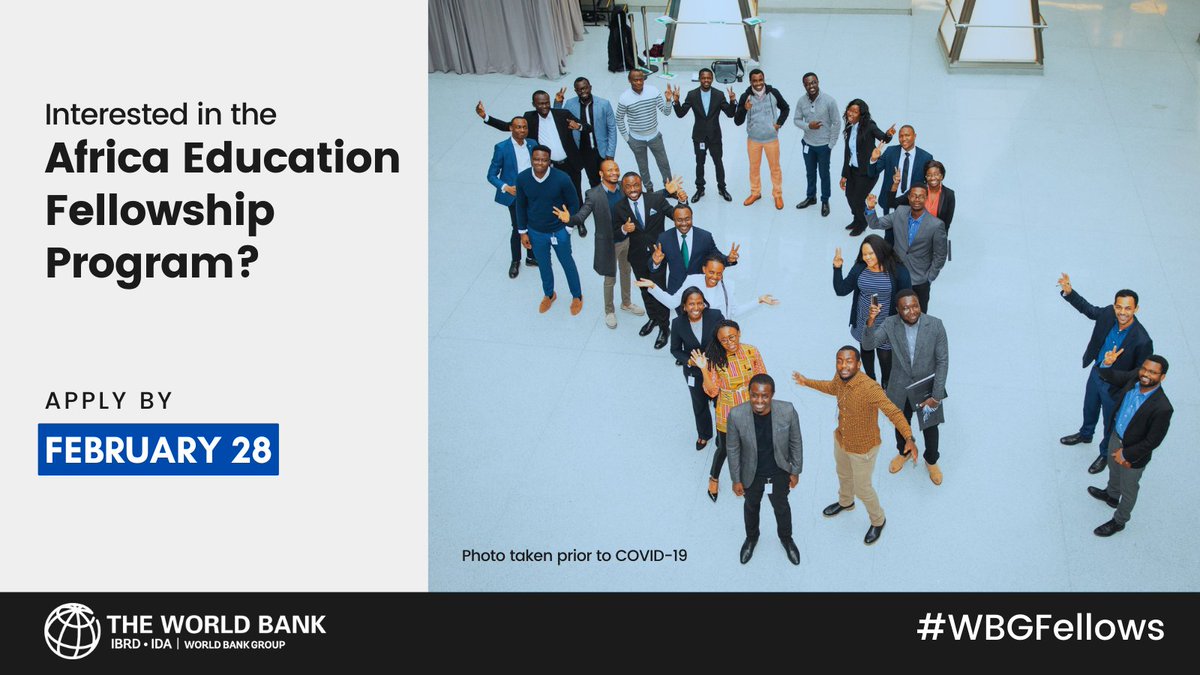 ⚠️⚠️#African women who are PhD candidates or graduate students ⚠️⚠️

Consider joining the 2022 <a href="/WorldBankAfrica/">World Bank Africa</a> Education Fellowship Program! We’d love to have you. Apply by February 28 to be considered. wrld.bg/4exA50HF5gW #WBGFellows