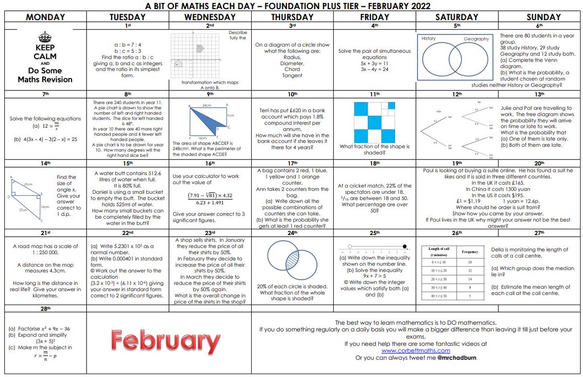 mrchadburn's tweet photo. Happy 1st of February! Maths teachers - reward your Y11s with a copy of this months "Little Bit of Maths Each Day" revision calendar - download the calendars (Foundation/Crossover/Higher) plus solutions from 
https://t.co/xDz75aLPOt
#GCSE #Mathematics #MathsEducation #Revision https://t.co/8TdWY4oh5D