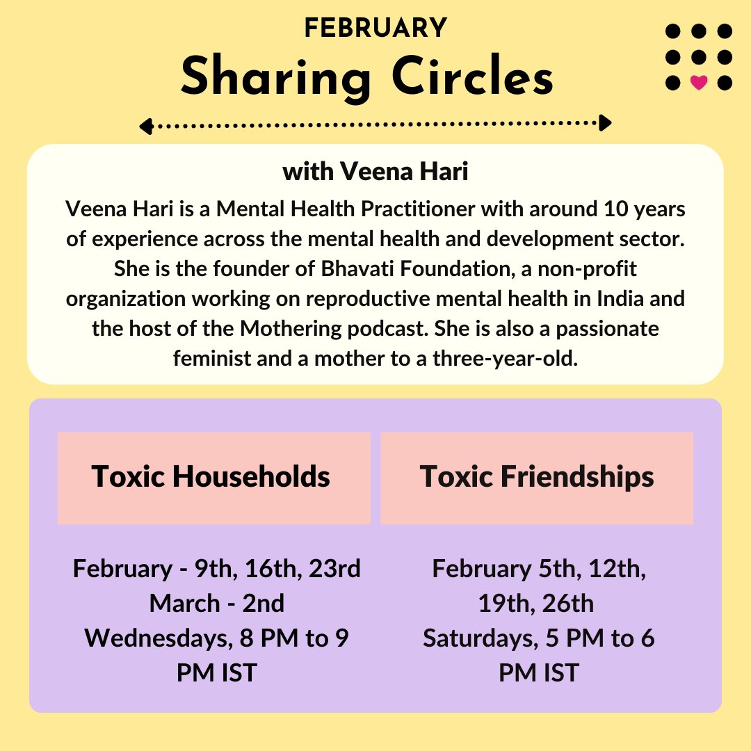 onefuture_india's tweet photo. #1
Continuing our efforts under the #COVID19 MH Project we started in 2020, we bring you a fresh set of virtual #SharingCircles and #Workshops for the month of February!
All our #facilitators are equipped with lived experience/ professional expertise or both. https://t.co/PoRB20Lxlp