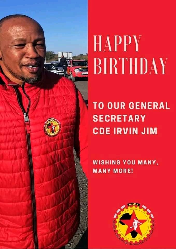 Numsa_Media's tweet photo. Happy birthday comrade Irvin Jim. We appreciate your hard work and selfless dedication to the working class. May you be blessed with many more 🥳🎂🥂
@IrvinJimSA https://t.co/Iz1v9fXRRh