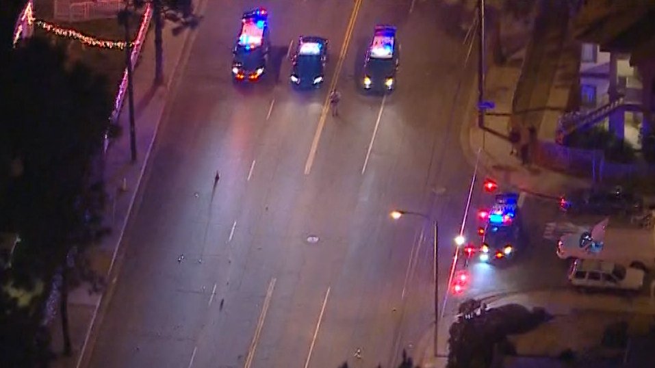 mrsambader's tweet photo. BREAKING: An #AzusaPD motor officer and a pedestrian were rushed to the hospital after being involved in a crash near the intersection of Cienega Ave. and Sunflower Ave. around 9 p.m. tonight. @KTLA's Sky5 was overhead. https://t.co/HsE5iB9Djg
