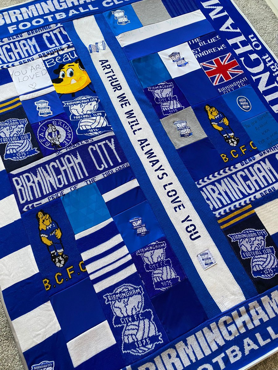 MegannJ's tweet photo. This beautiful blanket has been made for Arthur Labinjo-Hughes.

It’s made of @BCFC memorabilia, left outside the house on Cranmore Road, and will be given to his family today, before then being put on his coffin. 

More on @bbcwm this morning. 

#Blues #ArthurLabinjoHughes https://t.co/VMdCDFubXM