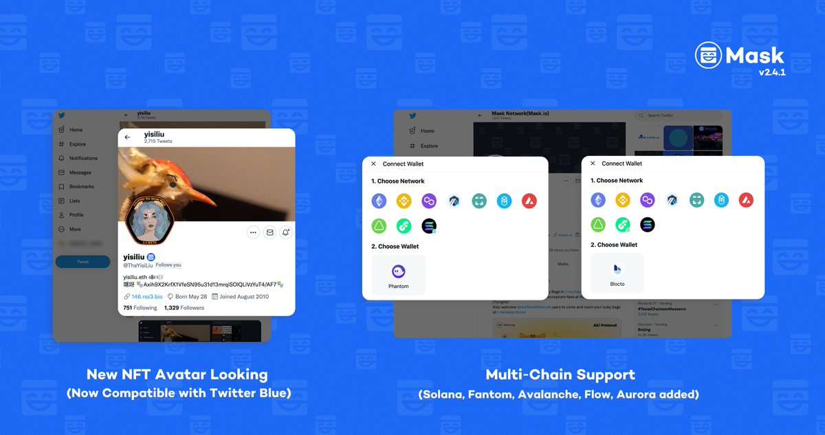 masknetwork's tweet photo. #MaskUpdate v2.4.1
⛓️ Multi-Chain Support to @solana @avalancheavax @flow_blockchain @auroraisnear
👛 Wallet support to @phantom and @BloctoApp
🔷 NFT Avatar now available in hexagon shape
🏴☠️ Visit our profile to see the updated non-fungible friend (provided by @MintTeamNFT) https://t.co/M0nMnBY6Lr