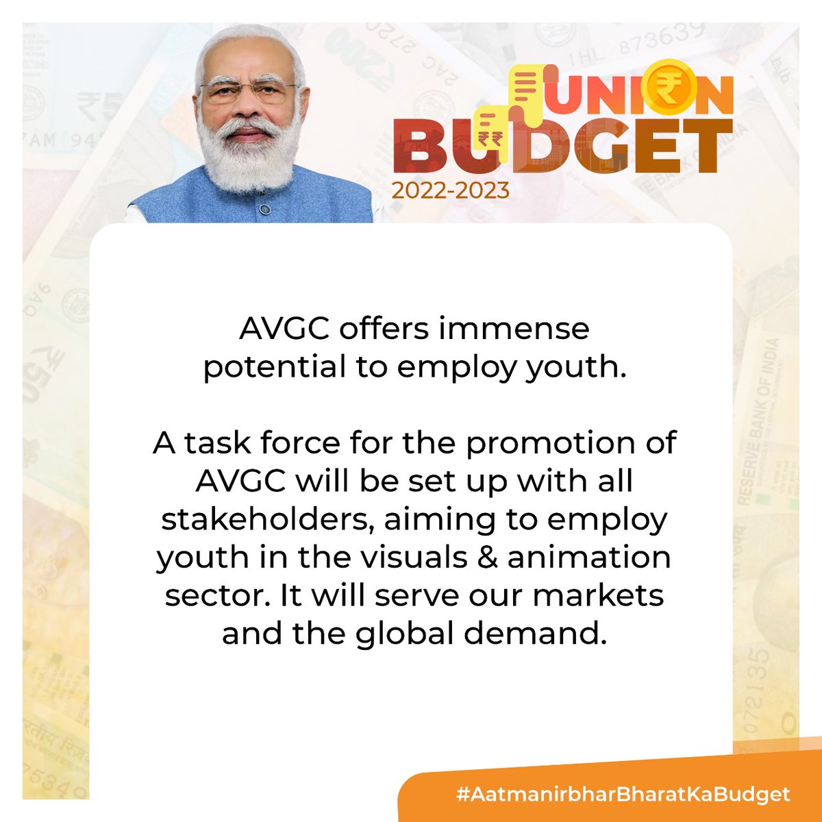 BJP4India's tweet photo. AVGC offers immense potential to employ youth. 

A task force for the promotion of AVGC will be set up with all stakeholders, aiming to employ youth in the visuals &amp; animation sector. It will serve our markets and the global demand.

#AatmanirbharBharatKaBudget https://t.co/pEWAvGI6D0