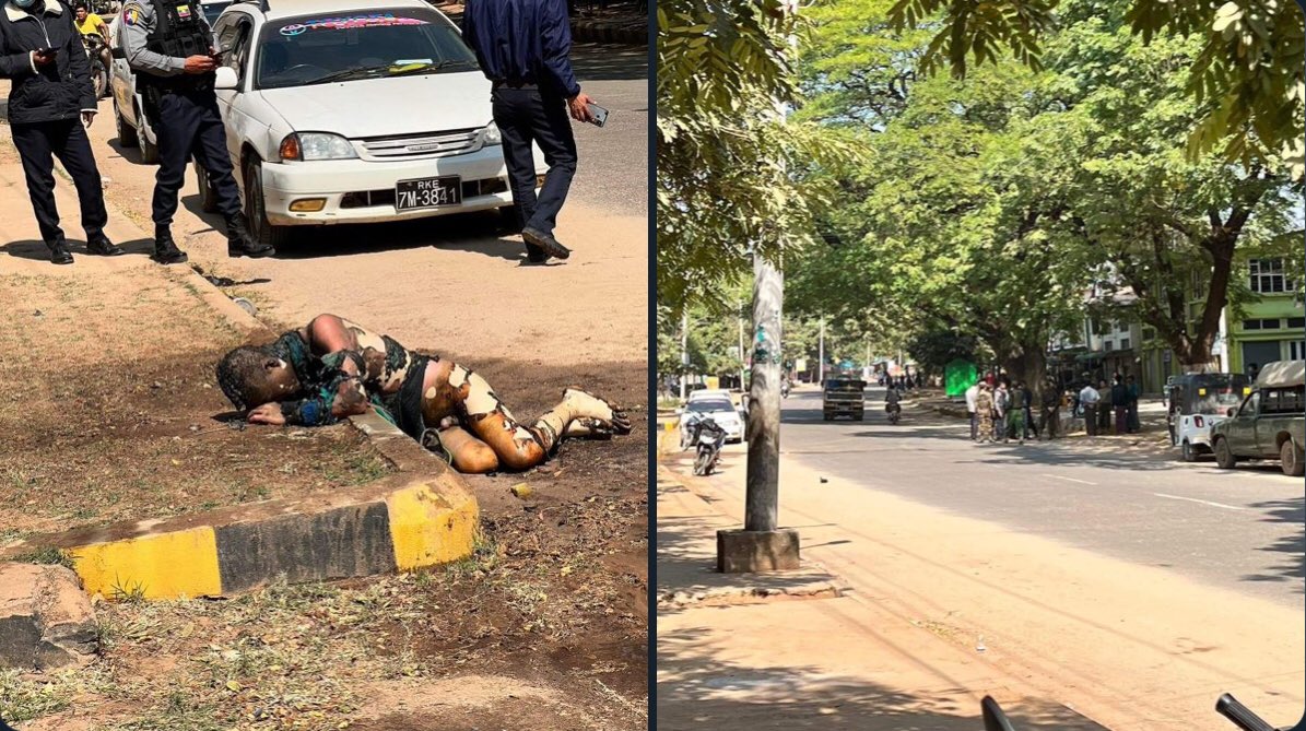 A lone protester in Kyaukpadaung, Mandalay region, BURNS HIMSELF on the first anniversary of the military coup in Myanmar.  #SilentStrike #RedCampaign_1YearOfRevolution #2022Feb1Coup #WhatsHappeningInMyanmar