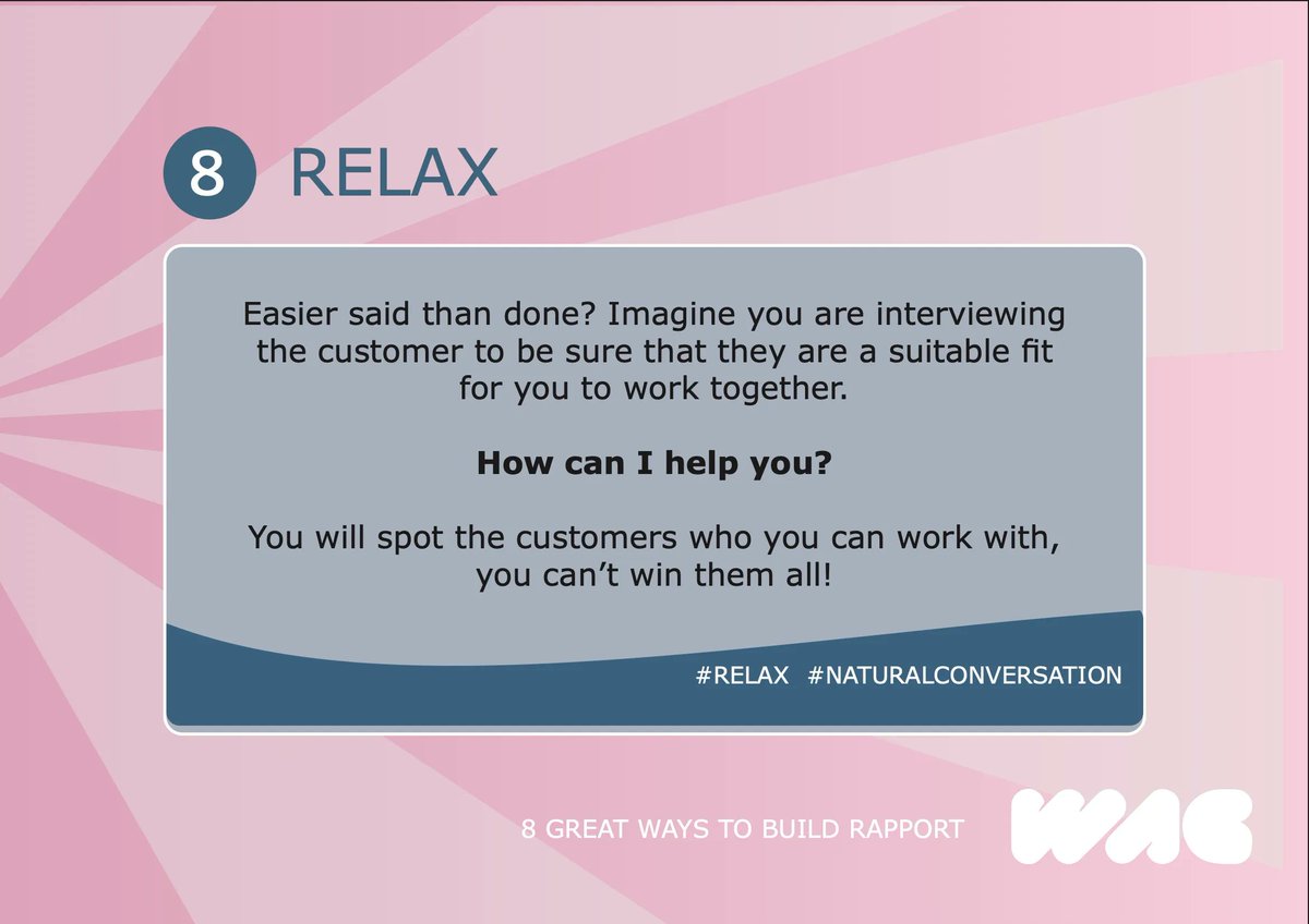 wagassoc's tweet photo. RAPPORT #TIP8 Be yourself and relax. We're all human https://t.co/gGYGQGxaJV #behuman #relax #telemarketing https://t.co/wo4JbHB92l