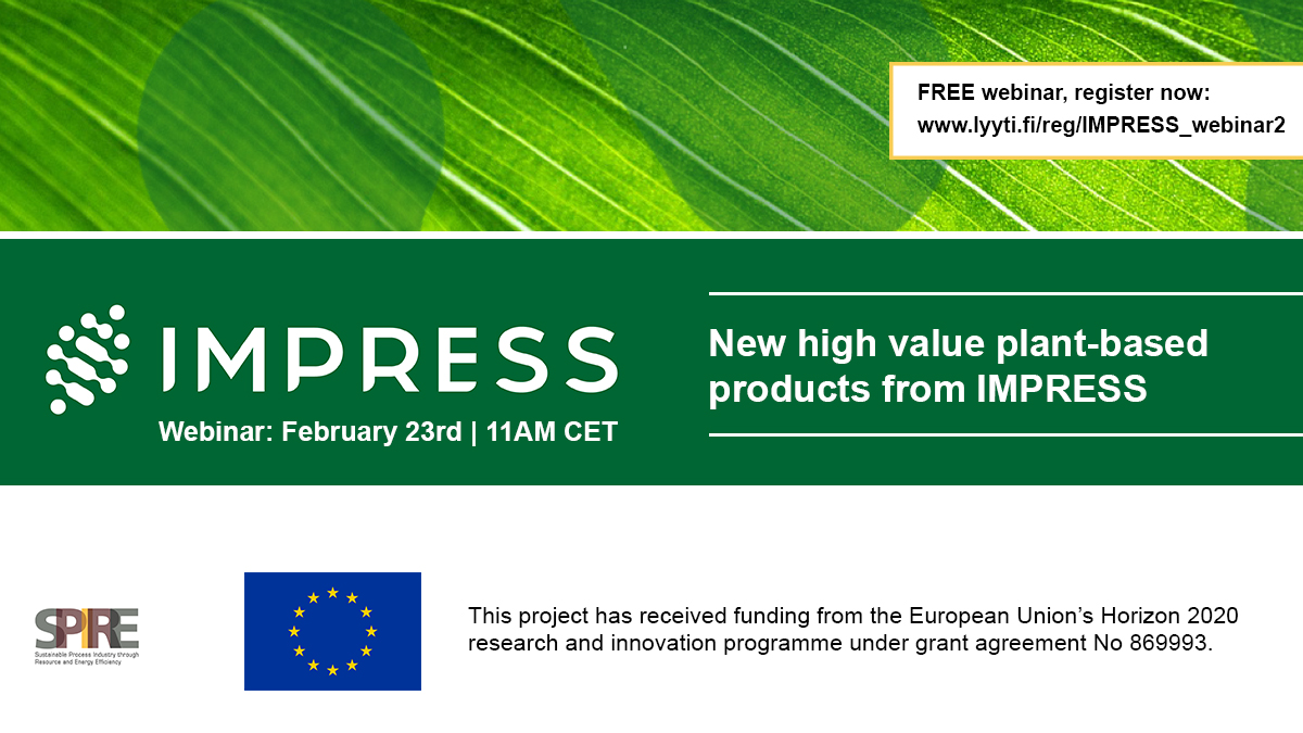 📢 Register for the upcoming <a href="/IMPRESS_H2020/">IMPRESS Project H2020</a>  #webinar. Even if you can't make it live, we encourage you to register anyways because we'll be sending out a recording after the event.

⏰February 23rd, 11AM CET
👉 lyyti.fi/reg/IMPRESS_we…

<a href="/ASPIRE_P4Planet/">A.SPIRE</a> #biorefinery #renewable