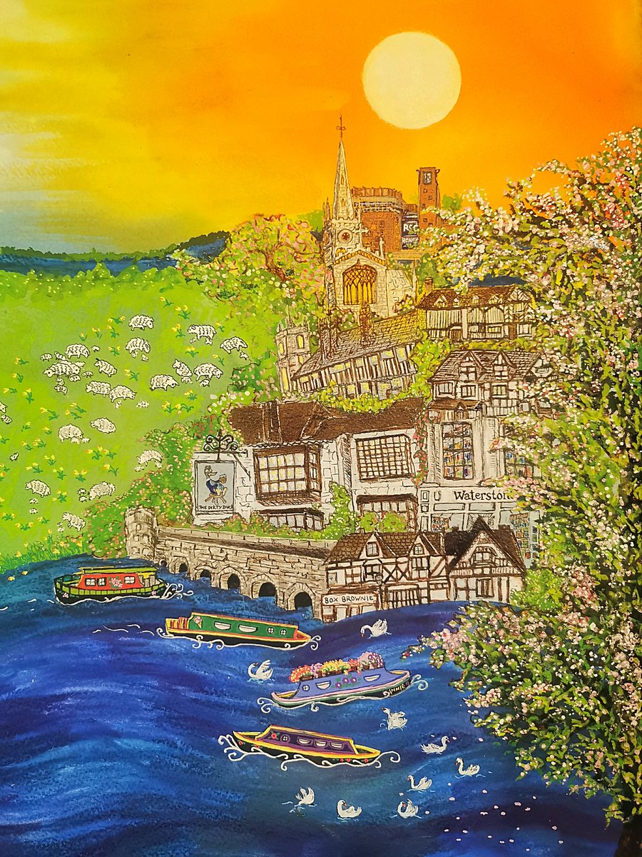 autumnrosewell's tweet photo. I was commissioned by @StratLitFest to create the artwork for the 15th Anniversary. They wanted bright spring colours, lots of humour and detail, and as many of Stratford's iconic buildings as I could squish in! 

Ink on paper, follow my @instagram @hobs_lantern for more art. https://t.co/kg4ueuTBvc