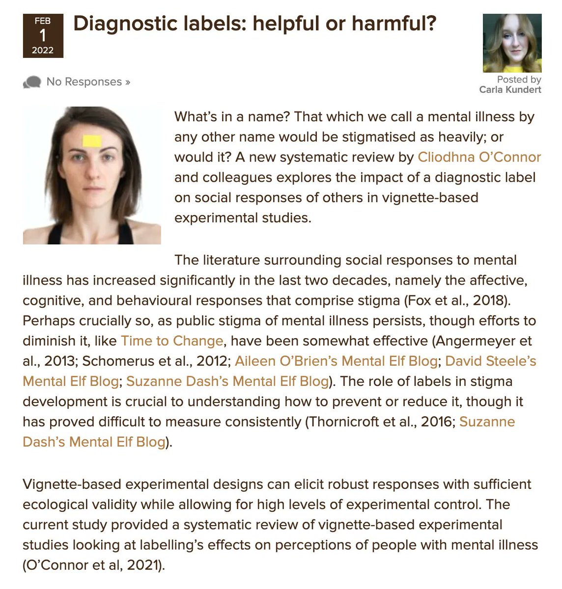 Today <a href="/CarlaKundert/">carla kundert</a> explores a systematic review by <a href="/cliodhna_o_c/">Dr Cliódhna O'Connor</a> et al, which looks at how diagnostic labels affect social responses to people with mental illness.
elfi.sh/3H8D9f8