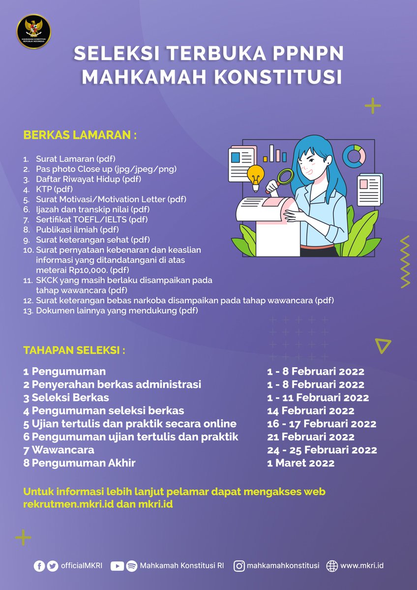 Seleksi Terbuka PPNPN Administrator Bidang Pengelola Jurnal Constitutional Review dan Administrasi Bidang Pengelola Jurnal Konstitusi.

mkri.id/public/content…

#MengawalKonstitusi
#salaMKonstitusi
#MKRI