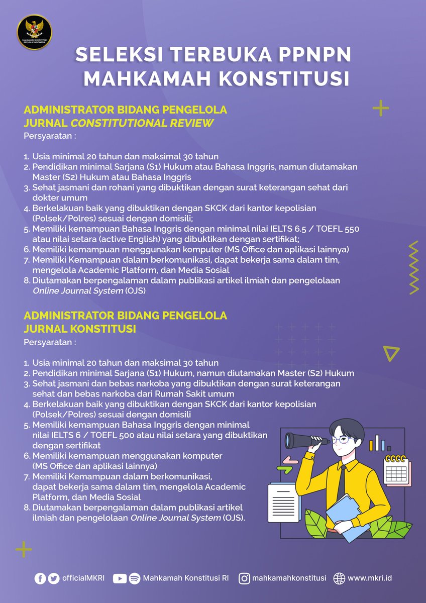officialMKRI's tweet photo. Seleksi Terbuka PPNPN Administrator Bidang Pengelola Jurnal Constitutional Review dan Administrasi Bidang Pengelola Jurnal Konstitusi.

https://t.co/wzmq24BaWz

#MengawalKonstitusi
#salaMKonstitusi
#MKRI https://t.co/MkpVEcVmox