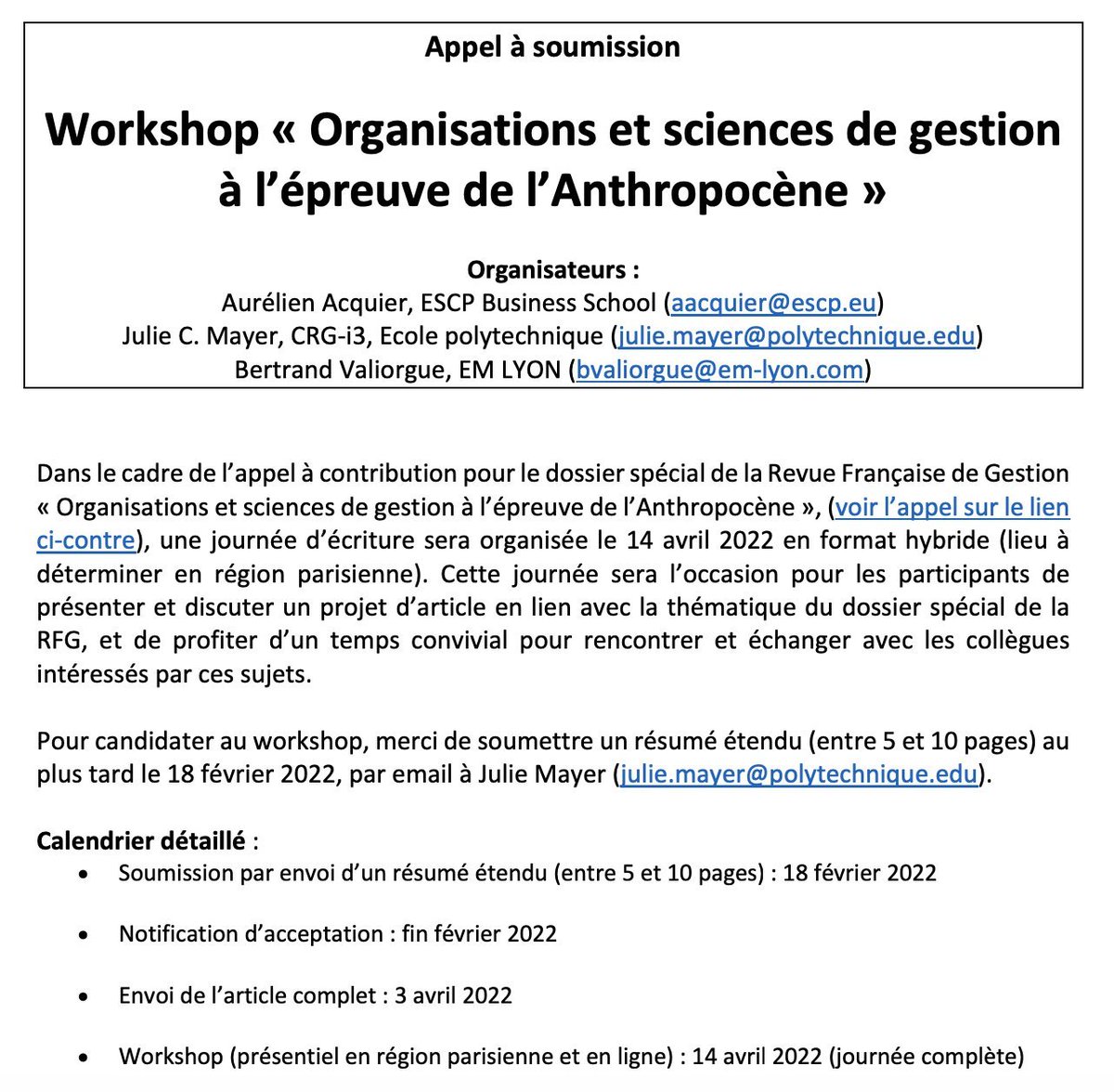 Aurélien Acquier (@aacquier) on Twitter photo A vos agendas ! 14 avril: journée travail <a href="/La_Rfg/">Revue française de gestion</a> « Org & sc. gestion à l’épreuve de l’Anthropocène » à <a href="/ESCP_bs/">ESCP Business School</a>, en format hybride.
❗envoi résumé étendu (5/10p) -> 18 fév
❗nb: il sera possible de soumettre au n°spécial (-> shorturl.at/ainzX) sans participer au workshop A vos agendas ! 14 avril: journée travail <a href="/La_Rfg/">Revue française de gestion</a> « Org & sc. gestion à l’épreuve de l’Anthropocène » à <a href="/ESCP_bs/">ESCP Business School</a>, en format hybride.
❗envoi résumé étendu (5/10p) -> 18 fév
❗nb: il sera possible de soumettre au n°spécial (-> shorturl.at/ainzX) sans participer au workshop