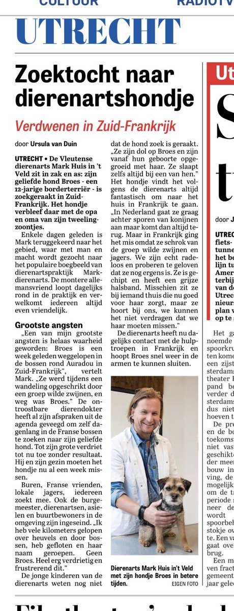 ursulavanduin's tweet photo. Vandaag in de krant: zoektocht in Zuid-Frankrijk naar hondje Broes van dierenarts Mark. #Telegraaf #Utrecht #Frankrijk 🙏 https://t.co/jN5NmAOC8z