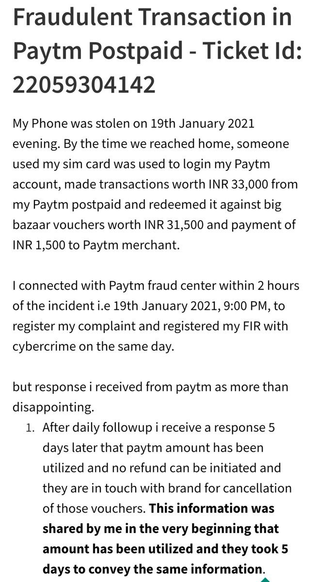 chhavigoyal83's tweet photo. @Paytmcare @vijayshekhar @SridharVarun @PaytmMoney 

Ticket Id: 22059304142

Please be aware of paytm's lack of grievance mechanism. Customer care do not reply to our queries, jusy give generic response to our concerns. PLEASE KNOW YOU ARE ON YOUR OWN paytm doesn't help at all. https://t.co/n5Ug9FhJ3R
