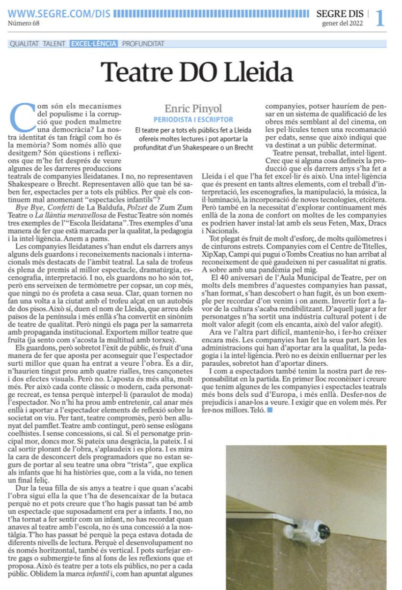 "Duen el nom de Lleida [...] que s'ha convertit en sinònim de teatre de qualitat. Però ningú els paga per la samarreta amb propaganda institucional" diu l'<a href="/epinyol/">Enric Pinyol</a> en aquest article
Arguments imperdibles a l'especial sobre arts escèniques #totselspublics al #DIS <a href="/SEGREcom/">SEGRE</a> 
#fil👇