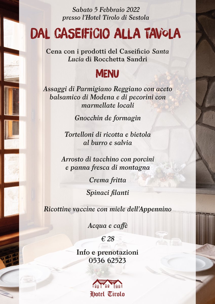 HotelTirolo's tweet photo. A #Sestola, quiesto fine settimana, la cena "Dal Caseificio alla tavola" tutto a base di prodotti caseari :) 

Spargete la voce! 

#Appennino #cena #visitsestola https://t.co/JipDe9IFvu